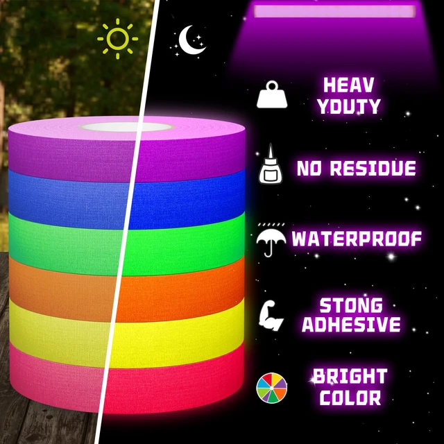 Alt view image 4 of 7 - Neon Gaffer Cloth UV Blacklight Tape for Halloween Decorations, 6 Rolls Multi-Color UV Fluorescent Glow in The Dark Tape for Party Decoration, Dance Floors, UV Party (0.6 inch x 120 feet)