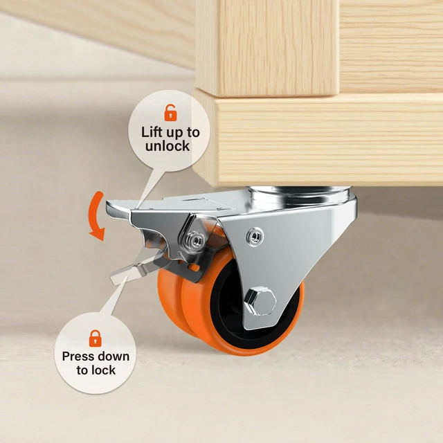 Alt view image 5 of 7 - 2" Double Wheel Casters with Brake (32 Pack) Orange TPE, Heavy Duty, Non-Marking, Swivel Plate Dual Locking, For Garage Workshop Cart