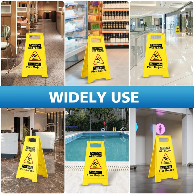 Alt view image 7 of 7 - 2-Pack Caution Wet Floor Sign,17.5" Height,Bright Yellow Double-Sided Folding A-Shaped Frame Design, Bilingual Caution Message