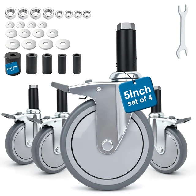 Main image of 5 Inch Expanding Stem Casters with 5 Size Rubber Sleeves With Brake, Fit for 1", 1-1/8", 1-1/4", 1-2/5", 1-5/8" Stainless Steel Table, Cart, Furniture, Trolley, Wire Shelving Legs