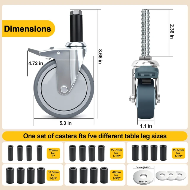 Alt view image 2 of 6 - 5 Inch Expanding Stem Casters with 5 Size Rubber Sleeves With Brake, Fit for 1", 1-1/8", 1-1/4", 1-2/5", 1-5/8" Stainless Steel Table, Cart, Furniture, Trolley, Wire Shelving Legs