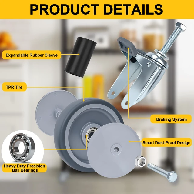 Alt view image 3 of 6 - 5 Inch Expanding Stem Casters with 5 Size Rubber Sleeves With Brake, Fit for 1", 1-1/8", 1-1/4", 1-2/5", 1-5/8" Stainless Steel Table, Cart, Furniture, Trolley, Wire Shelving Legs