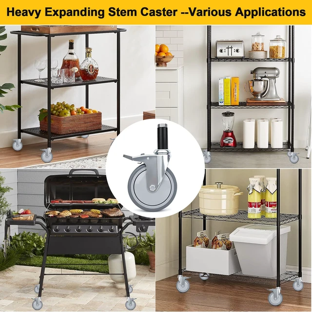 Alt view image 6 of 6 - 5 Inch Expanding Stem Casters with 5 Size Rubber Sleeves With Brake, Fit for 1", 1-1/8", 1-1/4", 1-2/5", 1-5/8" Stainless Steel Table, Cart, Furniture, Trolley, Wire Shelving Legs