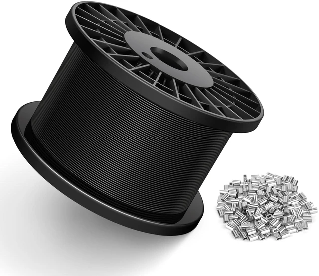 Main image of Black Vinyl Coated Wire Rope 1/16", 600FT 304 Stainless Steel Cable Includes Enough Aluminum Crimping Loop Sleeves for String Light, Clotheslines, Trellis, Picuture Hanging and DIY Projects