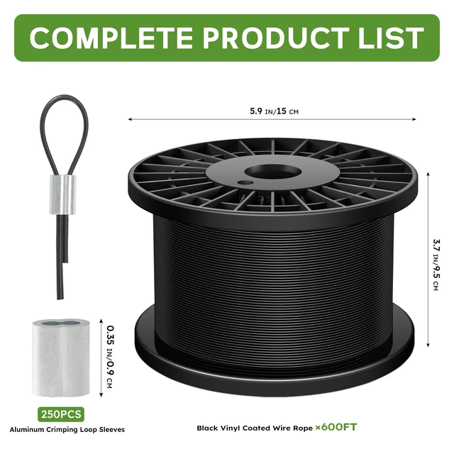 Alt view image 2 of 7 - Black Vinyl Coated Wire Rope 1/16", 600FT 304 Stainless Steel Cable Includes Enough Aluminum Crimping Loop Sleeves for String Light, Clotheslines, Trellis, Picuture Hanging and DIY Projects