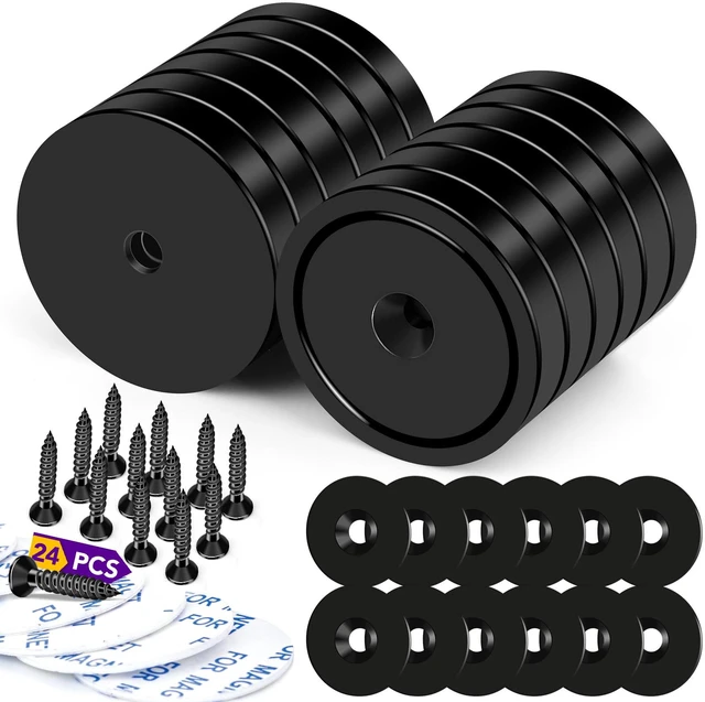 Main image of Strong Rare Earth Neodymium Magnets with Screws, 150Lbs, 12 Pack Heavy Duty Disc Cup Magnets with Countersunk Hole and Adhesive Backing for Kitchen, Tool Room, and Wall Hanging