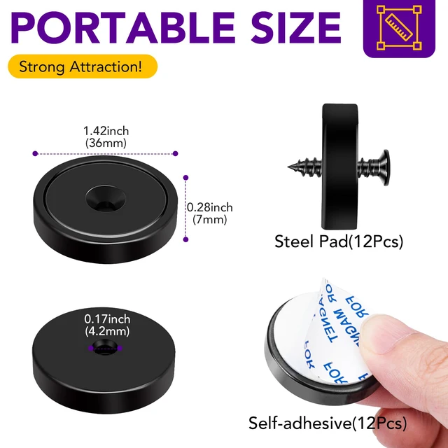 Alt view image 2 of 6 - Strong Rare Earth Neodymium Magnets with Screws, 150Lbs, 12 Pack Heavy Duty Disc Cup Magnets with Countersunk Hole and Adhesive Backing for Kitchen, Tool Room, and Wall Hanging