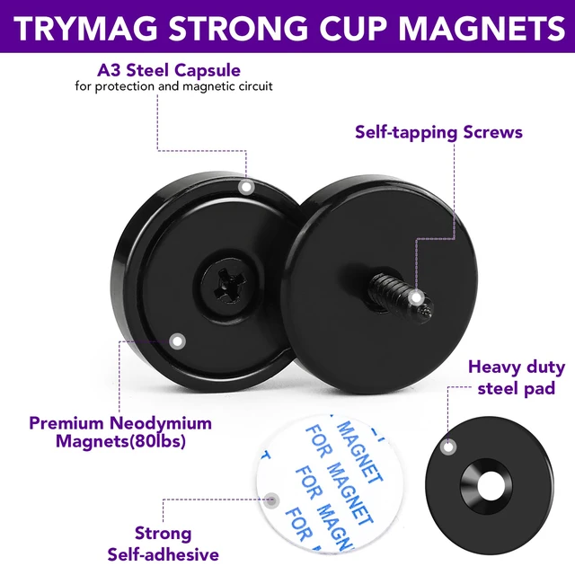Alt view image 4 of 6 - Strong Rare Earth Neodymium Magnets with Screws, 150Lbs, 12 Pack Heavy Duty Disc Cup Magnets with Countersunk Hole and Adhesive Backing for Kitchen, Tool Room, and Wall Hanging