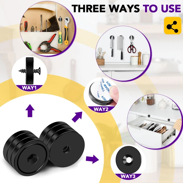 Alt view image 5 of 6 - Strong Rare Earth Neodymium Magnets with Screws, 150Lbs, 12 Pack Heavy Duty Disc Cup Magnets with Countersunk Hole and Adhesive Backing for Kitchen, Tool Room, and Wall Hanging