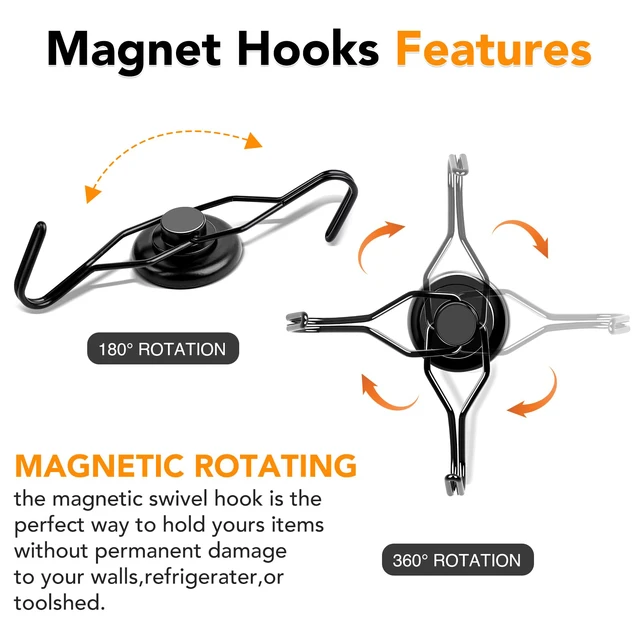 Alt view image 3 of 7 - Magnetic Hooks 6 Pack 120Lbs Heavy Duty Neodymium Magnet Hook Black Magnetic Swivel Hooks for Hanging Rust Proof Strong Magnets with Hook for Storage