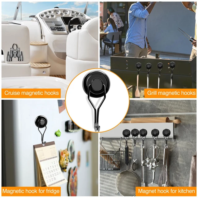 Alt view image 6 of 7 - Magnetic Hooks 6 Pack 120Lbs Heavy Duty Neodymium Magnet Hook Black Magnetic Swivel Hooks for Hanging Rust Proof Strong Magnets with Hook for Storage