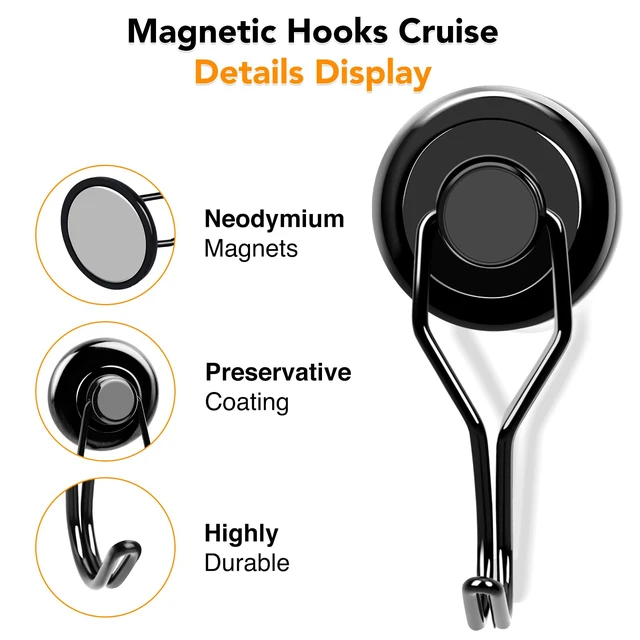 Alt view image 5 of 7 - Magnetic Hooks 6 Pack 120Lbs Heavy Duty Neodymium Magnet Hook Black Magnetic Swivel Hooks for Hanging Rust Proof Strong Magnets with Hook for Storage