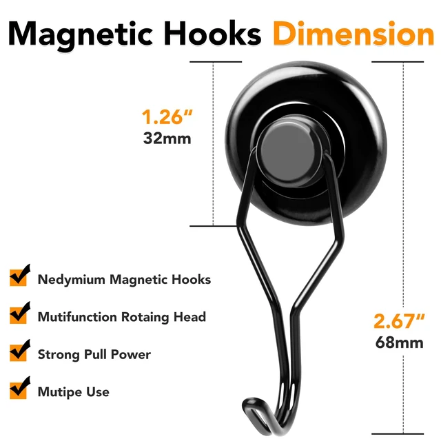 Alt view image 4 of 7 - Magnetic Hooks 6 Pack 120Lbs Heavy Duty Neodymium Magnet Hook Black Magnetic Swivel Hooks for Hanging Rust Proof Strong Magnets with Hook for Storage