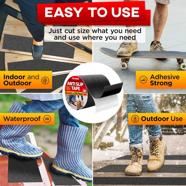 Alt view image 4 of 6 - Grip Tape - Heavy Duty Anti Slip Tape for Stairs Outdoor/Indoor Waterproof 8Inch x 35Ft Safety Non Skid Roll for Stair Steps Ramp Traction Tread Staircases Grips Adhesive Non Slip Strips Walk Black