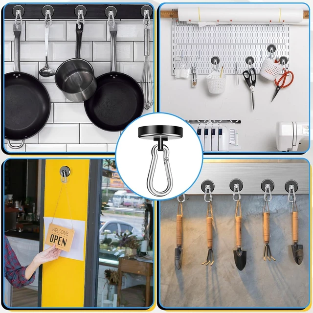 Alt view image 6 of 7 - Magnetic Hooks Heavy Duty 150Lbs, 24 Pack Black Super Strong Hooks Black Neodymium Magnet Hooks with Swivel Carabiner for Cruise, Magnetic Wall Hanger for Hanging, Grill, Cabins-36MM