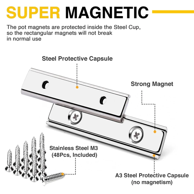 Alt view image 2 of 6 - Magnets Strips,45LBS 24 Packs Countersunk Hole Magnet with Screws Silver Heavy Duty Magnetic Plate with Rare Earth Neodymium for Cabinet Bar Flat Wall Door in Classroom Bedroom and Office