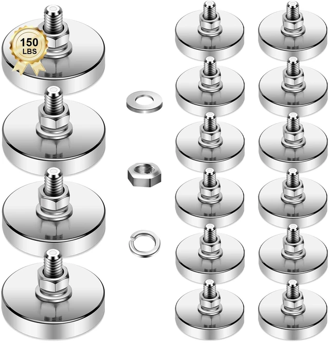 Main image of 16 Packs Super Strong Round Magnet 36mm/1.42in D 150 lb Corrosion-Resistant Neodymium Mounting Magnet with M6 Male Thread Nuts Bolts for Lighting Camera Brackets Outdoor Tools