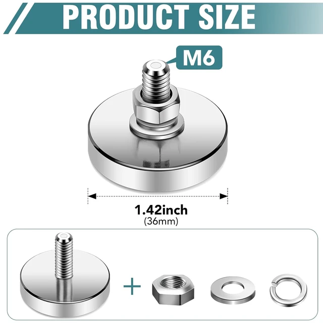 Alt view image 2 of 6 - 16 Packs Super Strong Round Magnet 36mm/1.42in D 150 lb Corrosion-Resistant Neodymium Mounting Magnet with M6 Male Thread Nuts Bolts for Lighting Camera Brackets Outdoor Tools