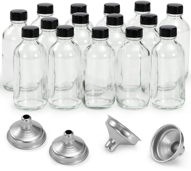 Main image of 15 Pack, 4 oz Small Clear Glass Bottles with Lids & 4 Stainless Steel Funnels - 120ml Boston Sample Bottle for Potion, Juice, Wellness, Ginger Shots, Whiskey, Liquids - Mini Travel Essential Bottles