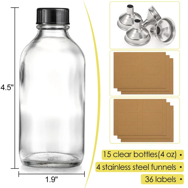 Alt view image 2 of 7 - 15 Pack, 4 oz Small Clear Glass Bottles with Lids & 4 Stainless Steel Funnels - 120ml Boston Sample Bottle for Potion, Juice, Wellness, Ginger Shots, Whiskey, Liquids - Mini Travel Essential Bottles