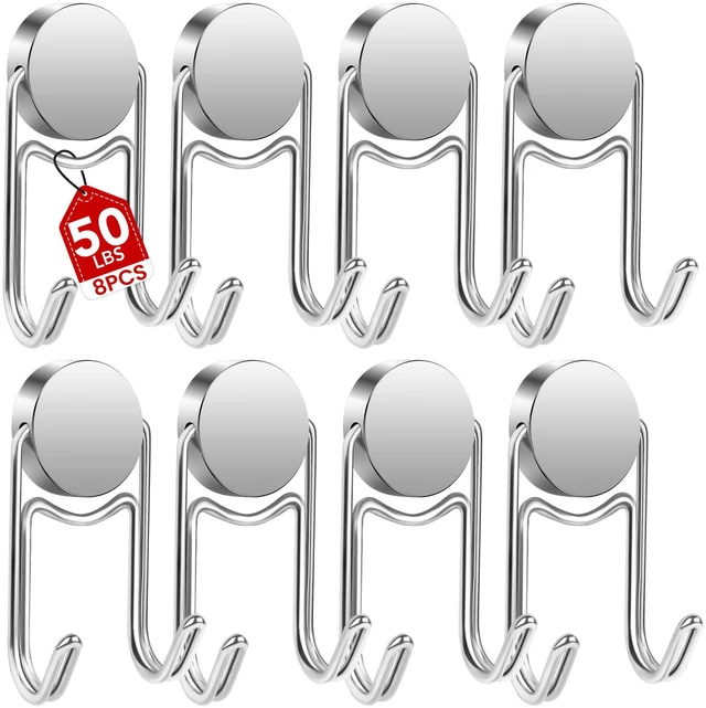 Main image of Magnetic Hooks for Cruise Cabins 50Lbs+ Heavy Duty Magnet Hook Strong Magnets Hanging Hooks for Refrigerator Grill Toolbox Cabins Outdoor 8 Pack (Silver)