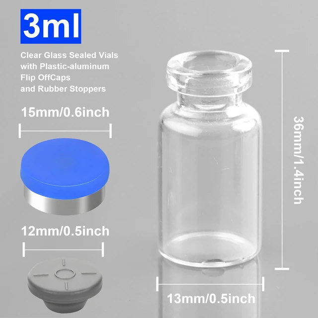Alt view image 2 of 7 - 3ml Sealed Sterile Glass Empty Vials for Injection, 50 Pack Peptide Vial with Self Healing Injection Port and Plastic-Aluminum Flip Caps