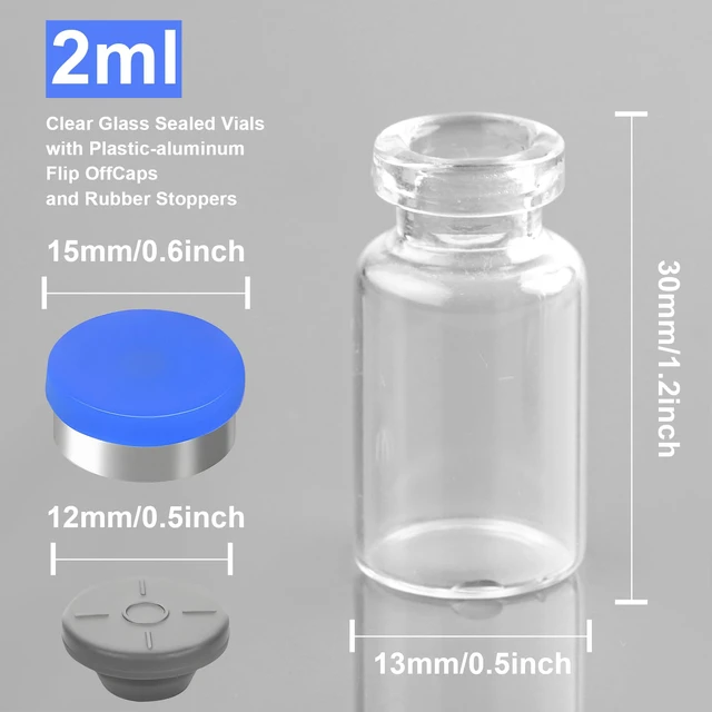 Alt view image 2 of 7 - 2ml Sealed Sterile Glass Empty Vials for Injection, 50 Pack Peptide Vial with Self Healing Injection Port and Plastic-Aluminum Flip Caps