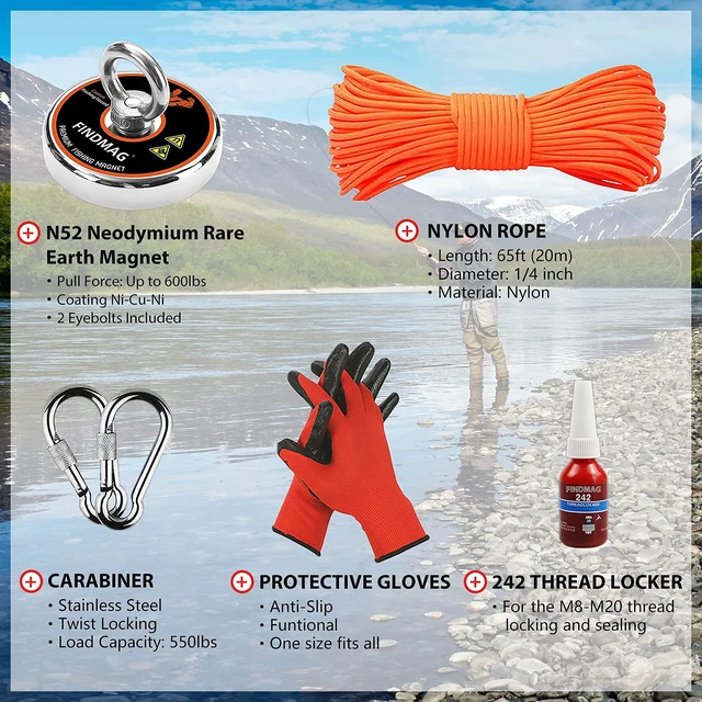 Alt view image 3 of 6 - 600 LBS Magnet Fishing, 2.95 Inch Neodymium Fishing Magnet Kit Large Powerful Magnet for River, Lake, Beach, Super Strong Magnet Kit for Salvage, Magnetic Fishing and Retrieving Items
