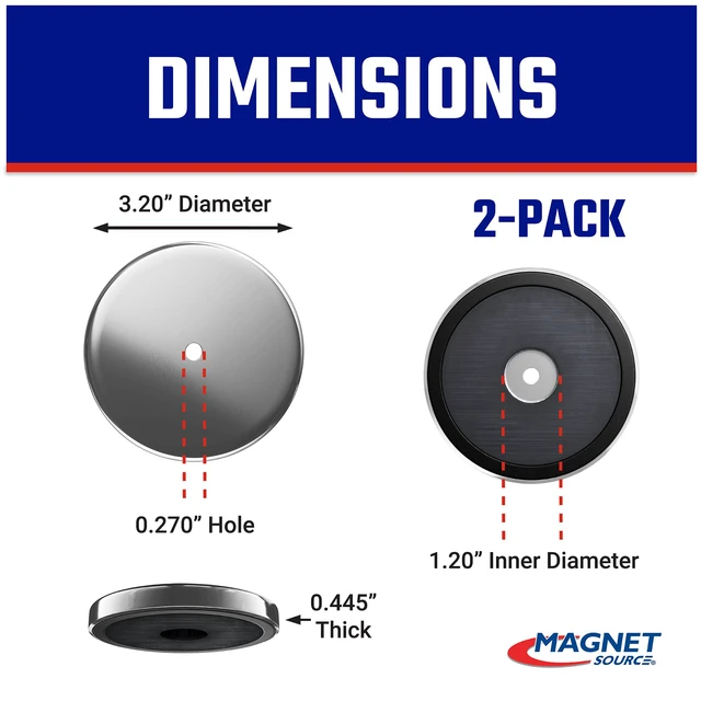 Alt view image 2 of 7 - Ceramic Round Base Magnet Fastener Pack - Heavy-Duty Strong Magnets - 95 lb Pull Each - Nickel-Plated - 3.20'' Diameter - 0.270'' Hole - 0.445'' Thick - 2-Pack