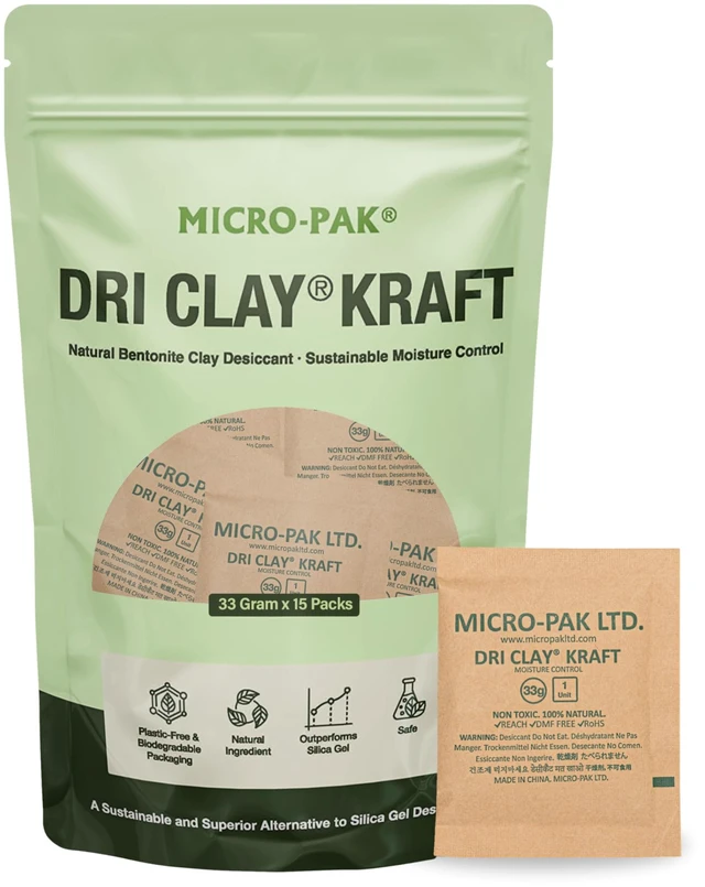 Main image of Micro-Pak Kraft, Moisture Absorption Desiccant Packs, 33gx15pcs Silica Gel Packets Alternative, Food Safe Bentonite Clay, Desiccant Packs for Storage, Moisture Absorbers for Closet