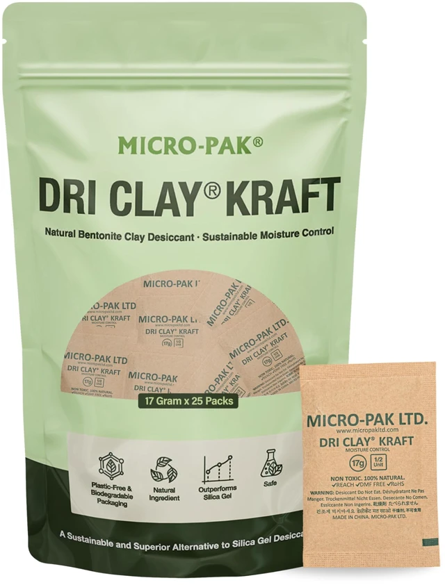 Main image of Micro-Pak Kraft, Moisture Absorption Desiccant Packs,17gx25pcs Silica Gel Packets Alternative, Food Safe Bentonite Clay, Desiccant Packs for Storage, Moisture Absorbers for Closet