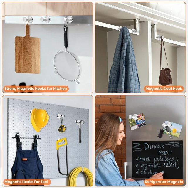 Alt view image 5 of 7 - Magnetic Hooks 8 PCS 150lb Magnet Hook Cruise Cabins,Silver Essentials Heavy Duty Wreath Hanger Strong Magnets for Classroom Whiteboard Wreath Coat Hanging Garage Cruise Ship Camping