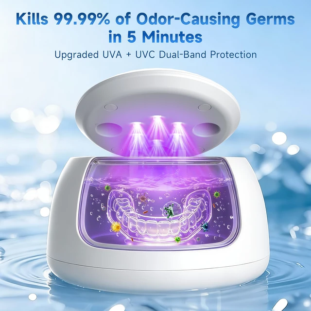 Alt view image 3 of 7 - Ultrasonic Retainer Cleaner with UV Light - 45kHz Deep Cleaning Pod for Dentures, Aligners, Night Guards - Includes Cleaning Brush, 200ml Capacity (Silver)