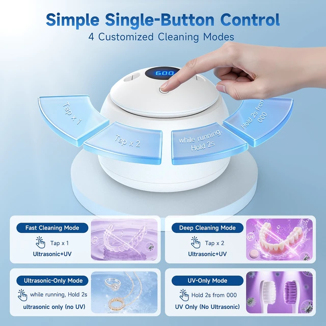 Alt view image 4 of 7 - Ultrasonic Retainer Cleaner with UV Light - 45kHz Deep Cleaning Pod for Dentures, Aligners, Night Guards - Includes Cleaning Brush, 200ml Capacity (Silver)