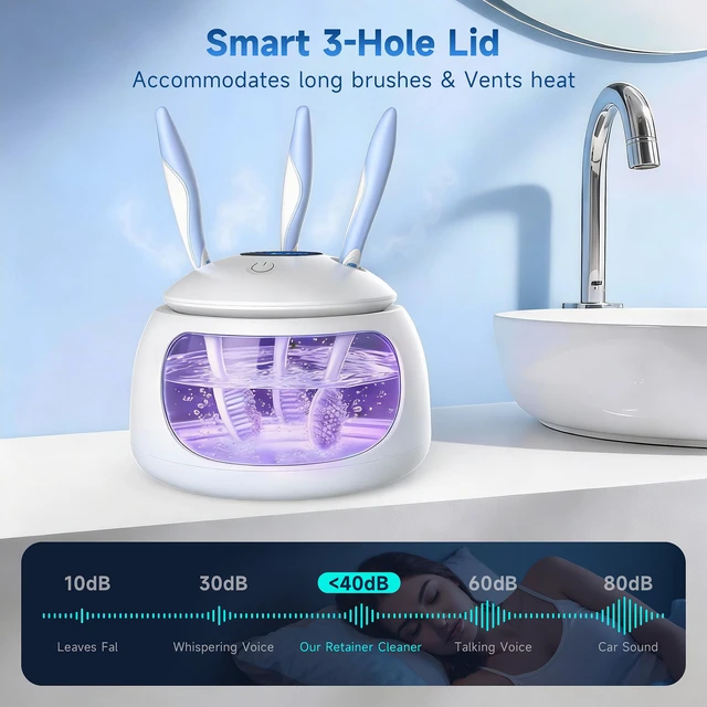 Alt view image 5 of 7 - Ultrasonic Retainer Cleaner with UV Light - 45kHz Deep Cleaning Pod for Dentures, Aligners, Night Guards - Includes Cleaning Brush, 200ml Capacity (Silver)
