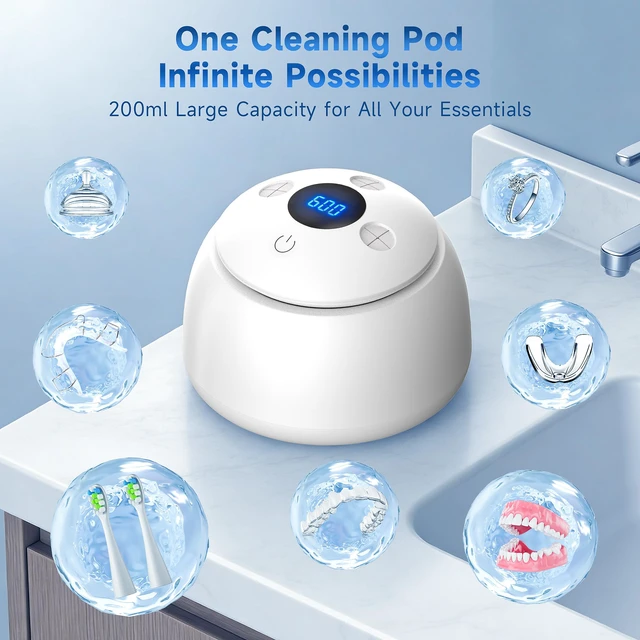 Alt view image 7 of 7 - Ultrasonic Retainer Cleaner with UV Light - 45kHz Deep Cleaning Pod for Dentures, Aligners, Night Guards - Includes Cleaning Brush, 200ml Capacity (Silver)