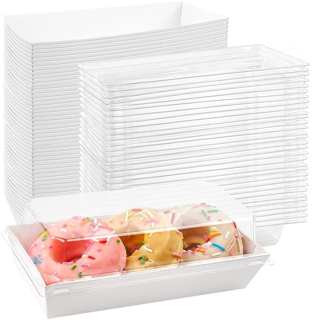 Main image of Charcuterie Boxes with Clear Lids, 7.5x3.3 Inches, 100 Pack, White To Go Paper Food Containers, Disposable Bakery Treat Boxes, For Desserts, Cookie, Pastry, Sandwich, Cupcakes, Strawberries