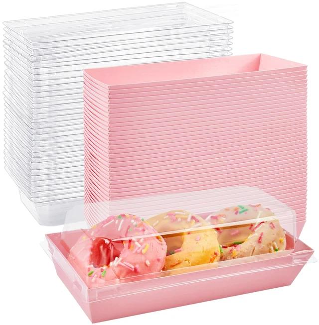 Main image of Charcuterie Boxes with Clear Lids, 7.5x3.3 Inches, 100 Pack, Pink To Go Paper Food Containers, Disposable Bakery Treat Boxes, For Desserts, Cookie, Pastry, Sandwich, Cupcakes, Strawberries