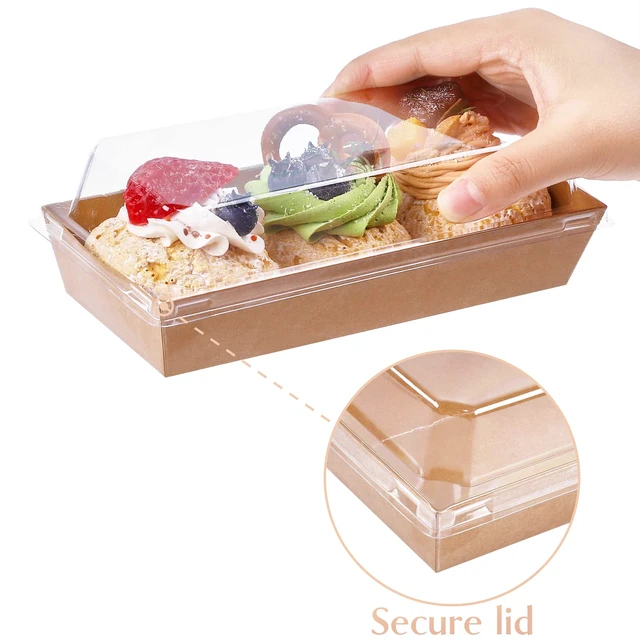Alt view image 3 of 7 - Charcuterie Boxes with Clear Lids, 7.5x3.3 Inches, 100 Pack, Brown To Go Paper Food Containers, Disposable Bakery Treat Boxes, For Desserts, Cookie, Pastry, Sandwich, Cupcakes, Strawberries