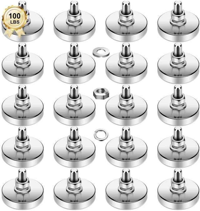 Main image of Super Strong Neodymium Round Magnet with M6 Male Thread Nuts Bolts 100 lb Corrosion-Resistant Mounting Magnet for Lighting Camera and Other Brackets Outdoor Tools 32mm D - 20 Packs