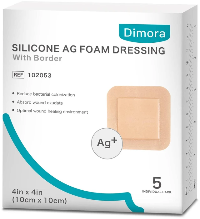 Main image of Silicone Foam Dressing 4"x4" Silver Ag Sterile with Adhesive Border Sliver Ag+ Sterile Post Surgical Wound Care Waterproof Breathable Ultra Absorbent Pads