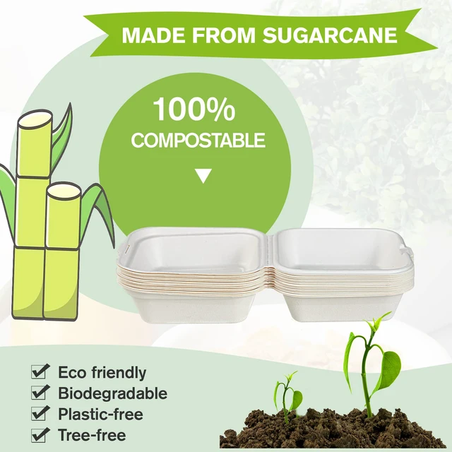 Alt view image 2 of 7 - 200 Pack Clamshell Take Out Food Containers, 100% Compostable Disposable To Go Containers6 * 6 inch To Go Boxes for Salad, Cake,Sandwiches