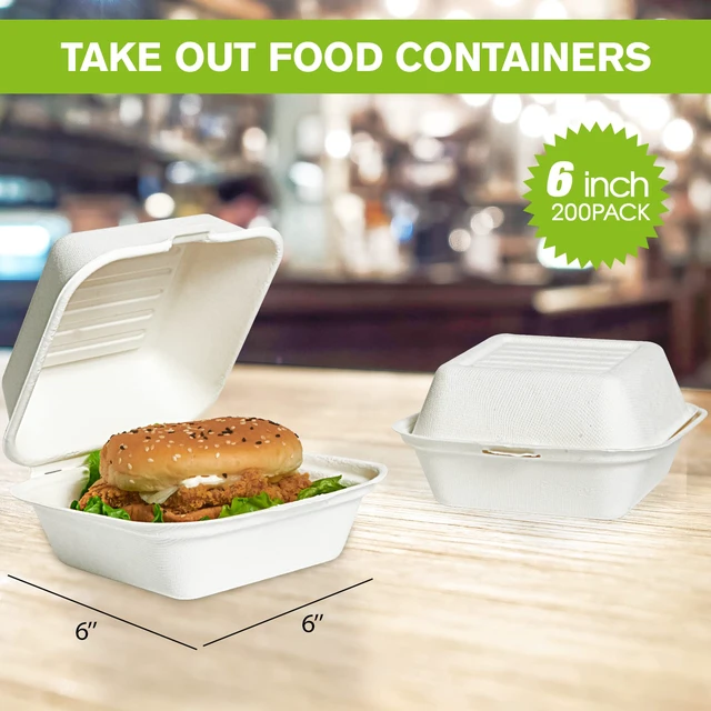 Alt view image 5 of 7 - 200 Pack Clamshell Take Out Food Containers, 100% Compostable Disposable To Go Containers6 * 6 inch To Go Boxes for Salad, Cake,Sandwiches