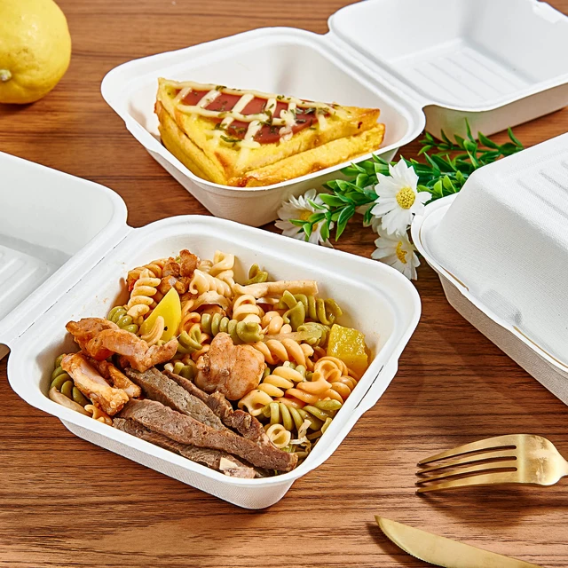 Alt view image 6 of 7 - 200 Pack Clamshell Take Out Food Containers, 100% Compostable Disposable To Go Containers6 * 6 inch To Go Boxes for Salad, Cake,Sandwiches
