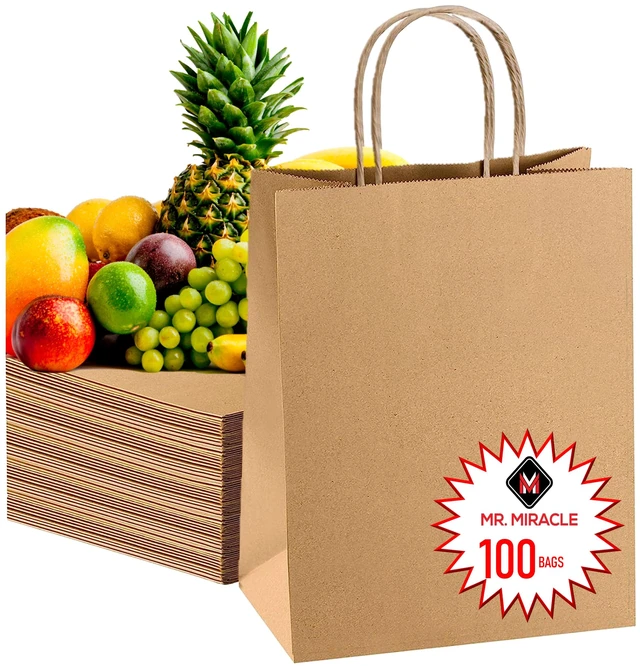 Main image of 57 Lb Large Kraft Paper Grocery Bags with Handles 100 Count - 12 x 17 x 7 - Durable, Reusable & Eco-Friendly Shopping Bags, Brown Kraft Take-Out Bags for Retail, To-Go, Any Occasion