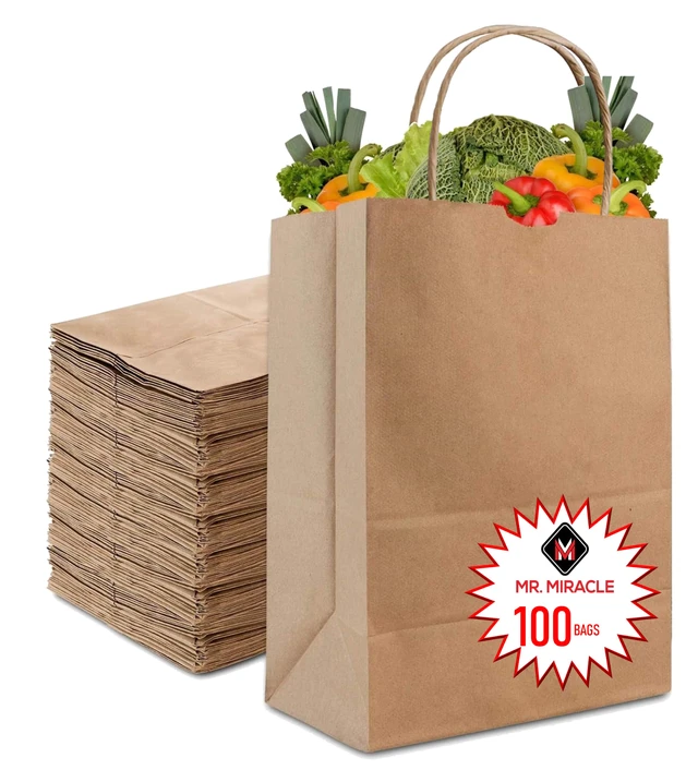 Alt view image 2 of 6 - 57 Lb Large Kraft Paper Grocery Bags with Handles 100 Count - 12 x 17 x 7 - Durable, Reusable & Eco-Friendly Shopping Bags, Brown Kraft Take-Out Bags for Retail, To-Go, Any Occasion