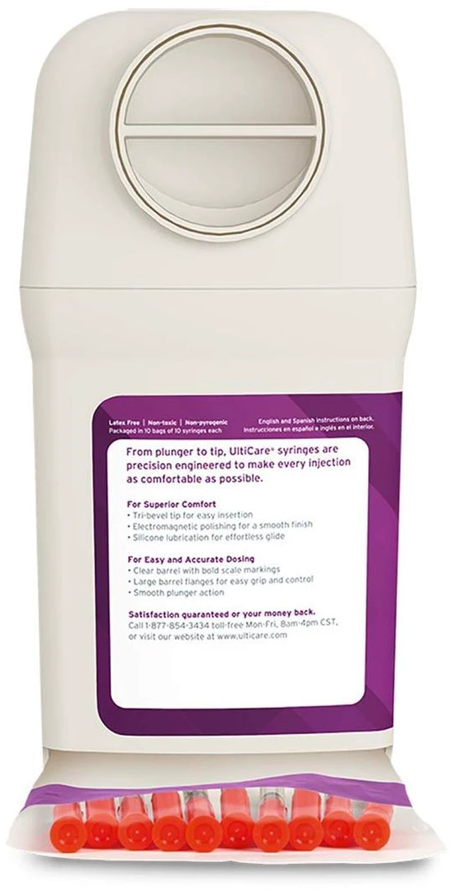 Alt view image 2 of 7 - UltiGuard Safe Pack U-40 Pet Insulin Syringes, 3/10cc, 29G x 1/2", 100 Ct VetRx All-in-One Insulin Syringes and Sharps Container, Works with Any U-40 Strength Insulin for Dogs or Cats