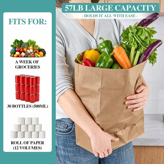 Alt view image 2 of 7 - 100 Count 57 LB Paper Grocery Bags, Large Brown Kraft Bags Bulk Heavy Duty Kraft Paper,Grocery Shopping,Restaurant Take Out,Retail Bags,Trash Yard Waste,Lawn Clean Up,Yard Waste Bags