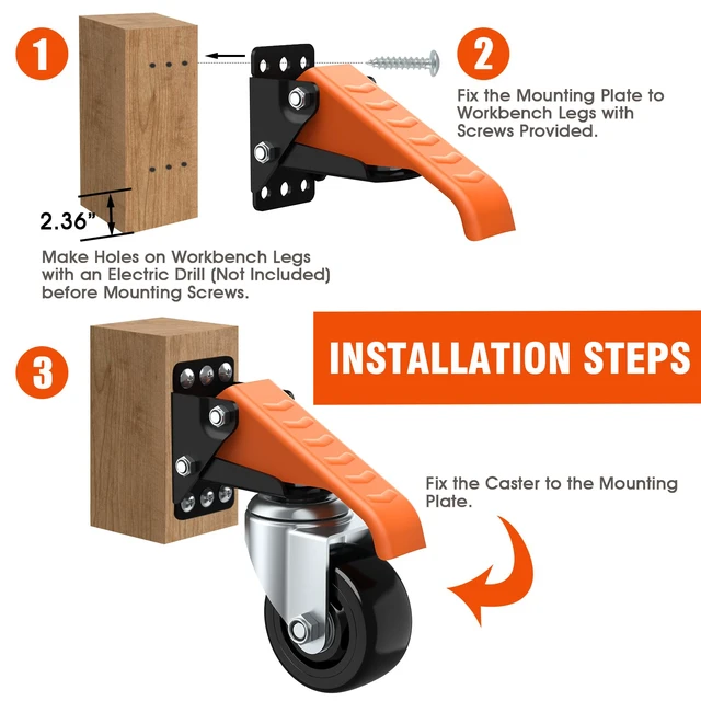 Alt view image 4 of 7 - Workbench Casters Wheels Kit Retractable Casters Set of 4, 920Lbs 3" extra heavy duty side mount lifting caster, adjustable stepdown castors 4-pack for table, work bench leg & shop equipment