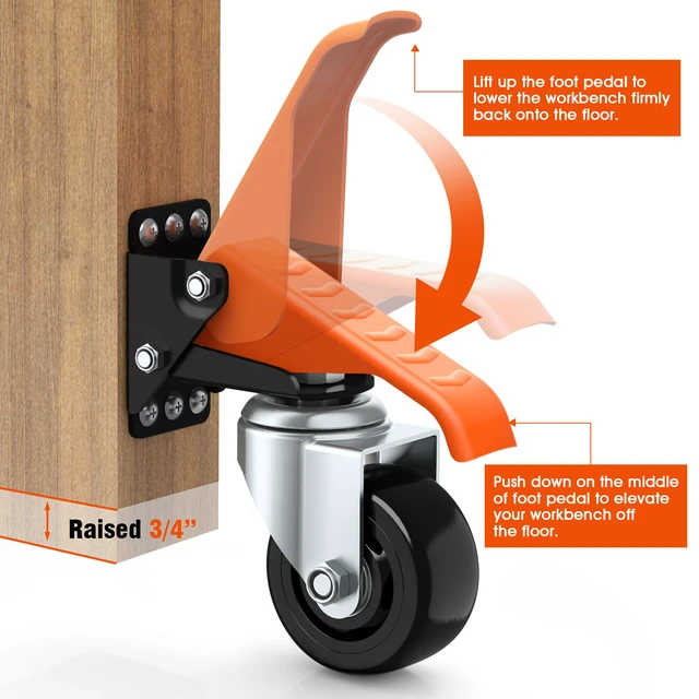 Alt view image 5 of 7 - Workbench Casters Wheels Kit Retractable Casters Set of 4, 920Lbs 3" extra heavy duty side mount lifting caster, adjustable stepdown castors 4-pack for table, work bench leg & shop equipment